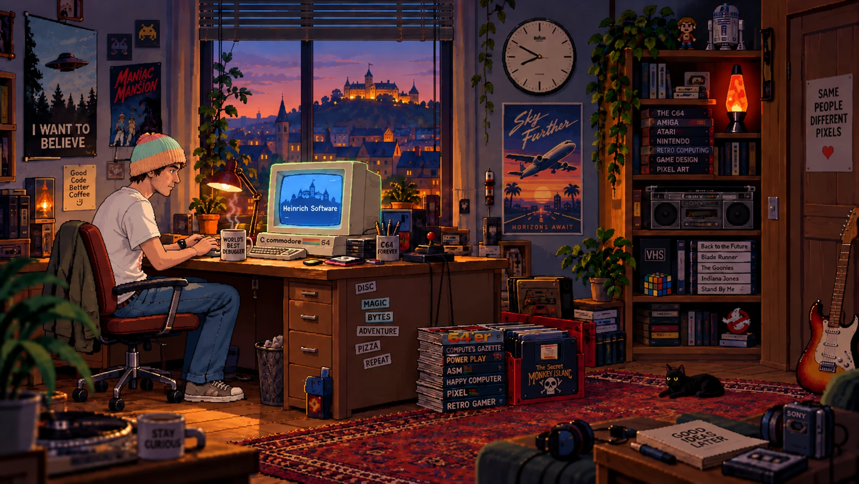 A pixel-art room at dusk: a desk with a Commodore 64, shelves of games and tapes, posters, a lava lamp and a cat on the rug.